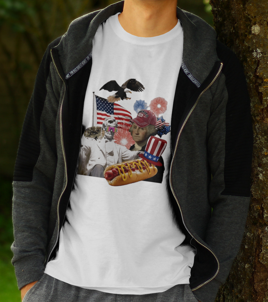 Merica Abraham Lincoln George Washington Hot Dog Eagle Fireworks Patriotic Celebration T-Shirt