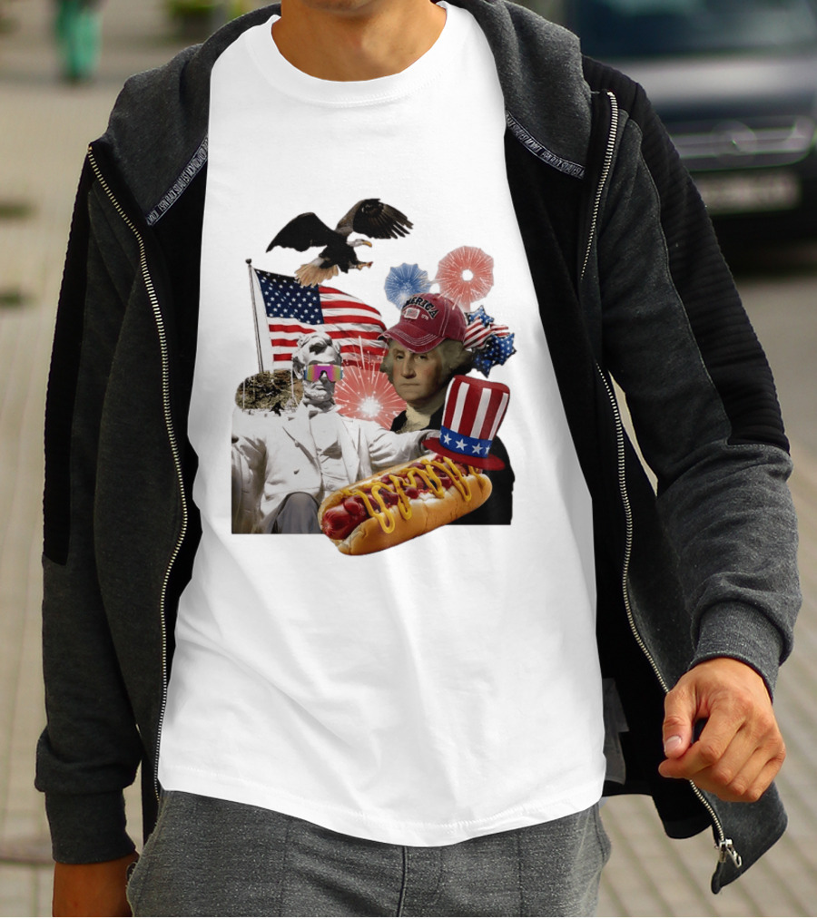Merica Abraham Lincoln George Washington Hot Dog Eagle Fireworks Patriotic Celebration T-Shirt