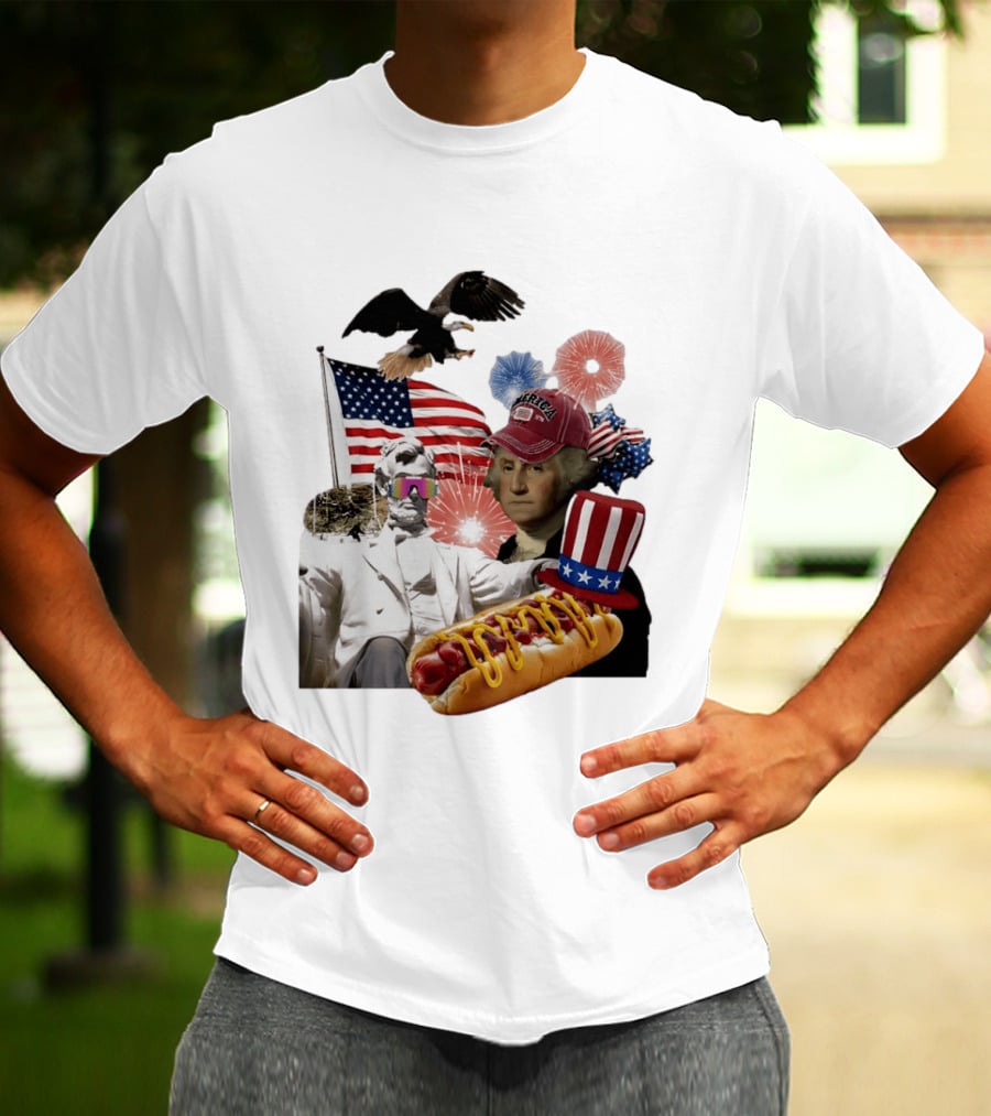 Merica Abraham Lincoln George Washington Hot Dog Eagle Fireworks Patriotic Celebration T-Shirt