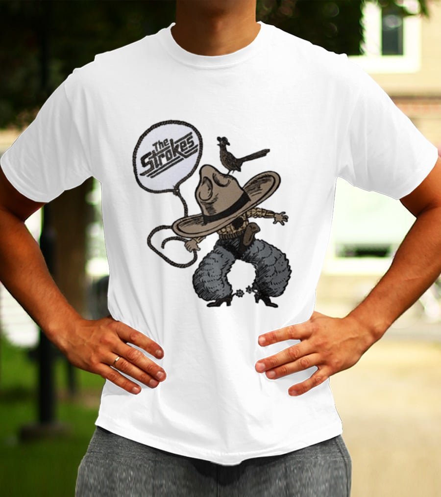 The Strokes Tour 2026 Illustrated Cowboy Holding Lasso With Bird And Cowboy Hat T-Shirt