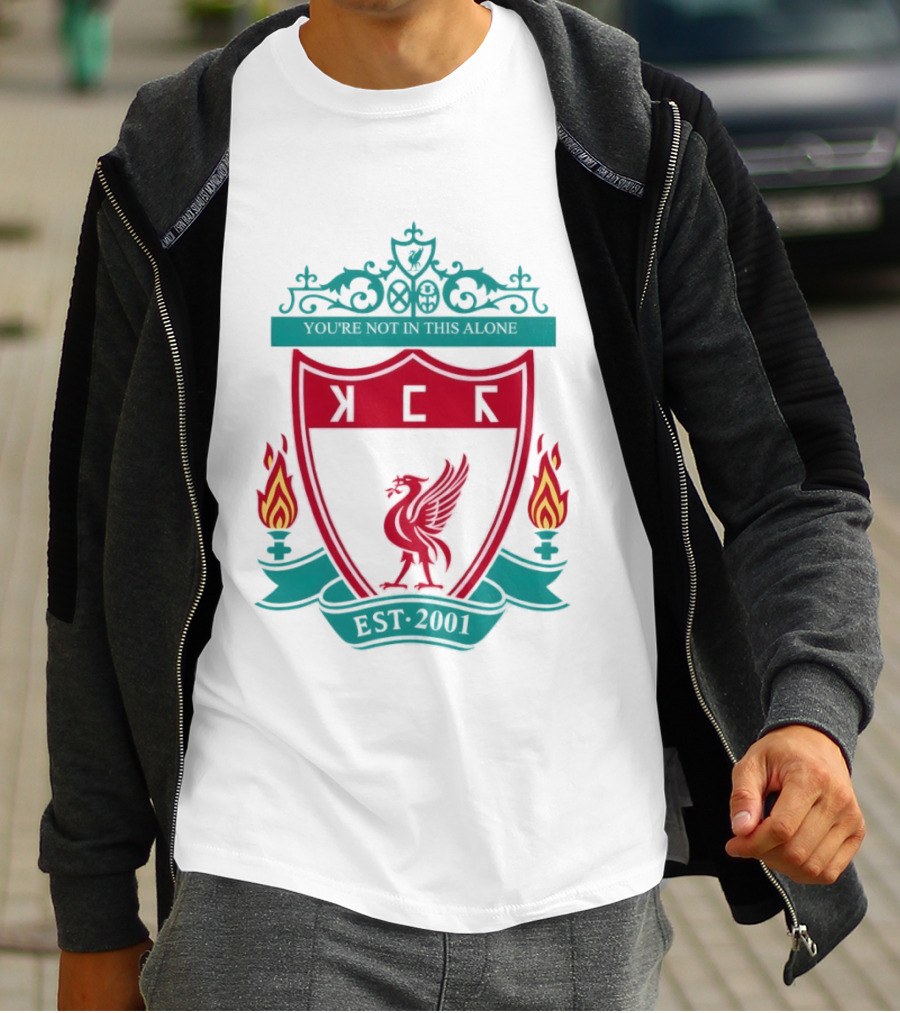 You're Not In This Alone Est 2001 Liverpool KFC Parody Crest With Liver Bird And Eternal Flames T-Shirt