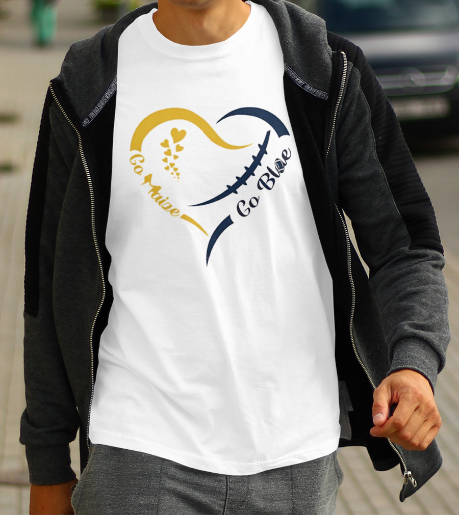 Michigan Wolverines Heart Go Maize Go Blue Football T-Shirt