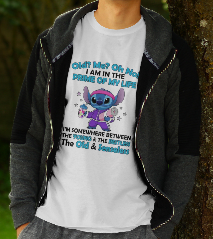 Old Me Oh No I Am In The Prime Of My Life Stitch Somewhere Between Young Restless Old Senseless T-Shirt