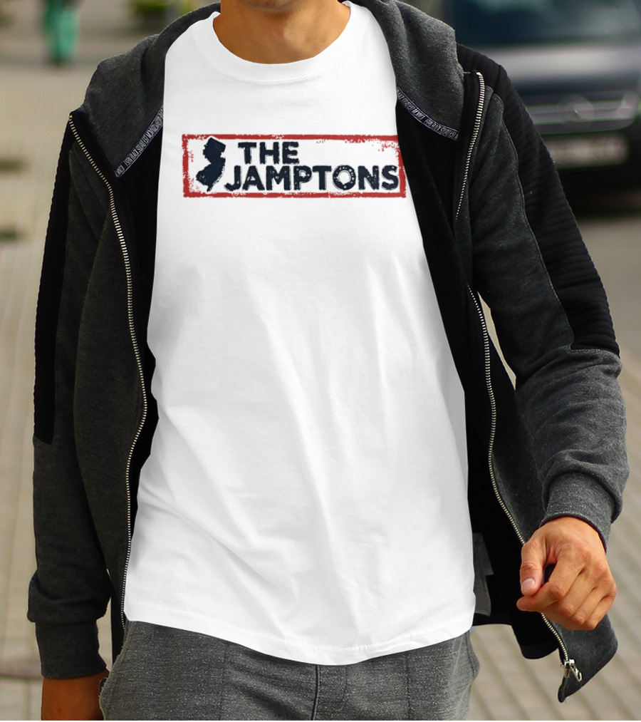 The Jamptons New Jersey Iconic State Outline Red Border T-Shirt
