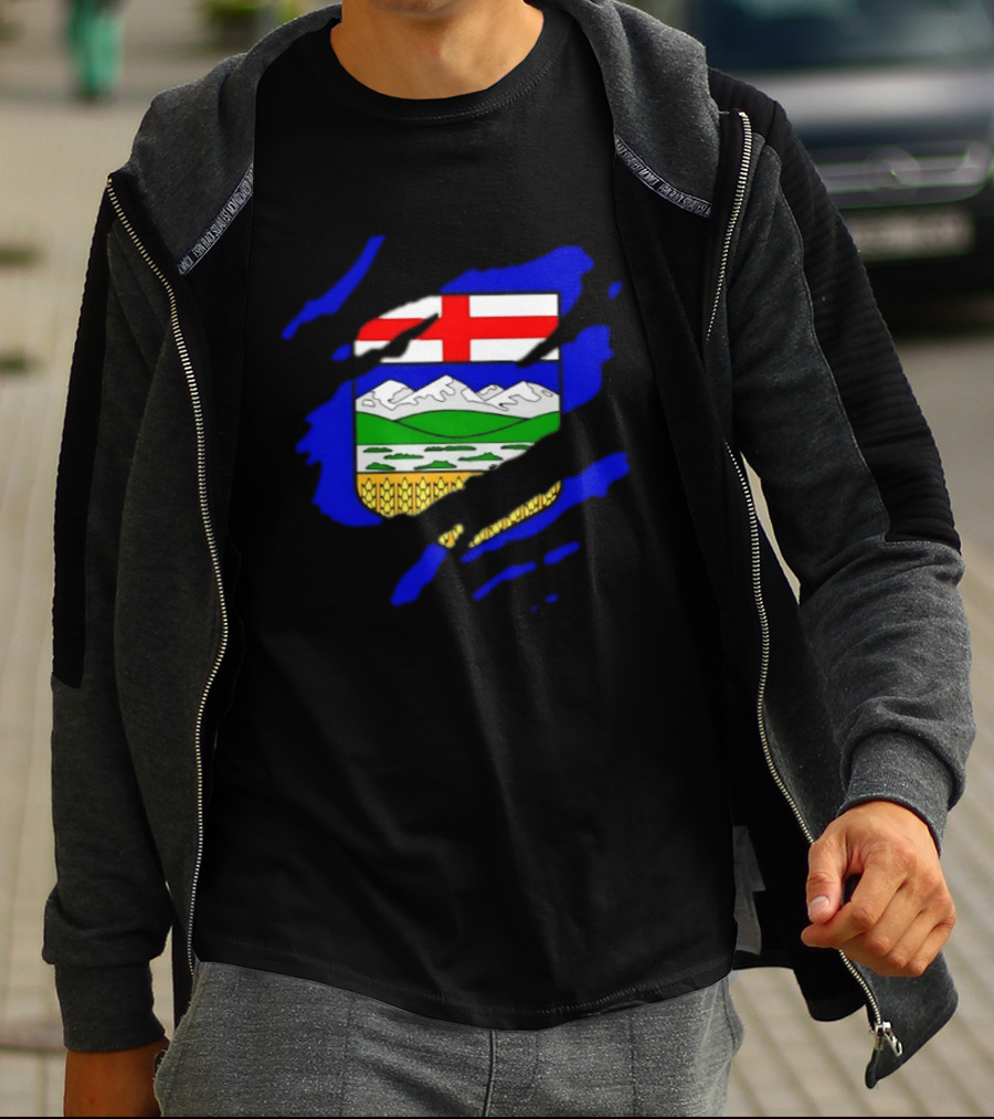 Alberta Coat Of Arms Ripped Effect Canada Flag Emblem Heritage Display T-Shirt
