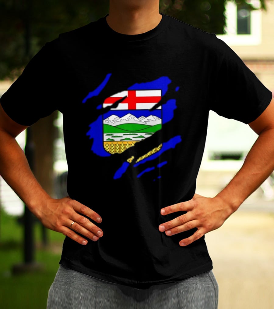 Alberta Coat Of Arms Ripped Effect Canada Flag Emblem Heritage Display T-Shirt