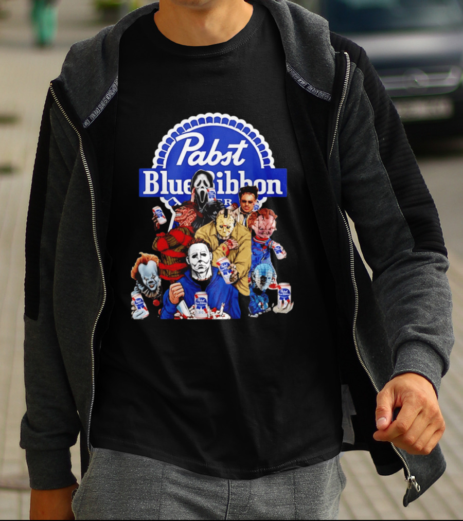 Pabst Blue Ribbon Horror Movie Characters Drinking Beer T-Shirt