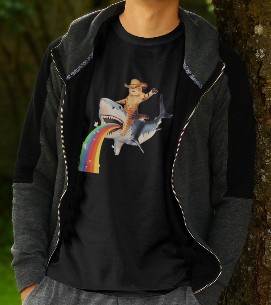 Cowboy Cat Riding Shark With Rainbow T-Shirt