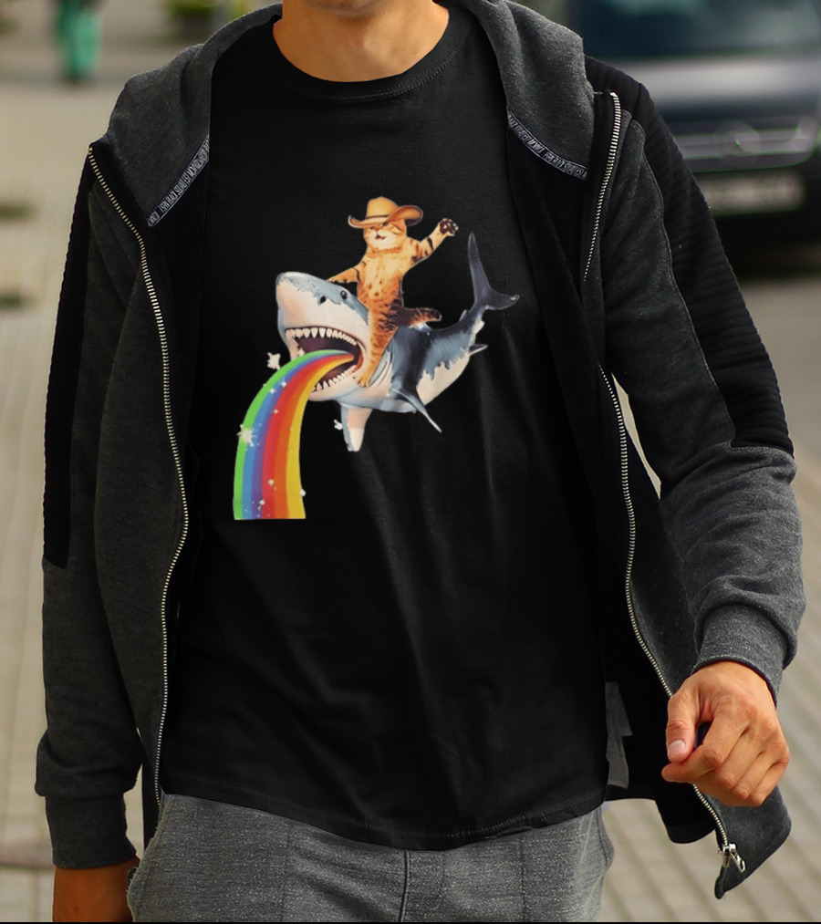 Cowboy Cat Riding Shark With Rainbow T-Shirt