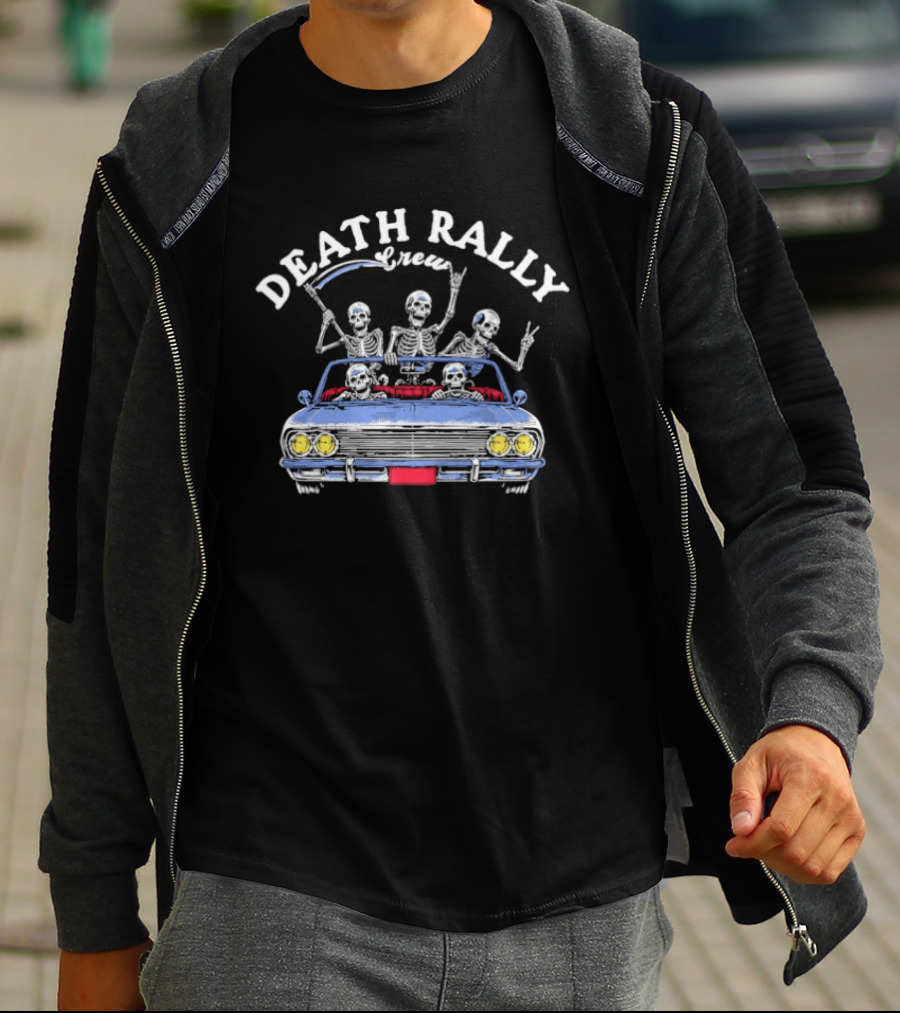 Death Rally Crew Skeletons In Convertible Car With Grim Reaper T-Shirt