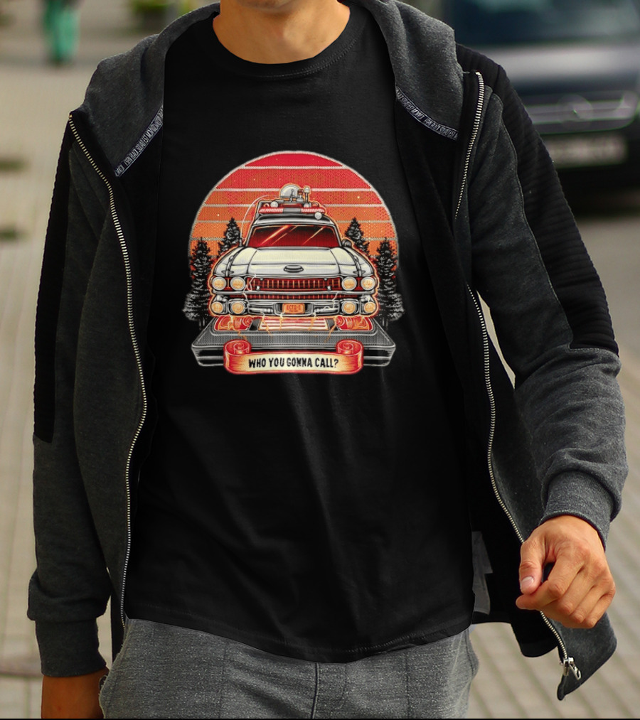 Ecto 1 Who You Gonna Call Ghostbusters Retro Sunset T-Shirt