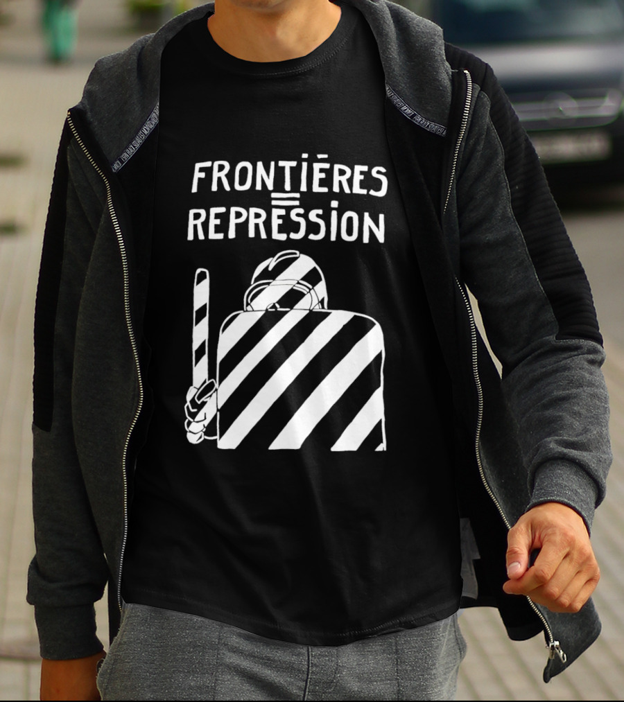 Frontieres Repression Protest Symbolism Bold Font White Stripes T-Shirt