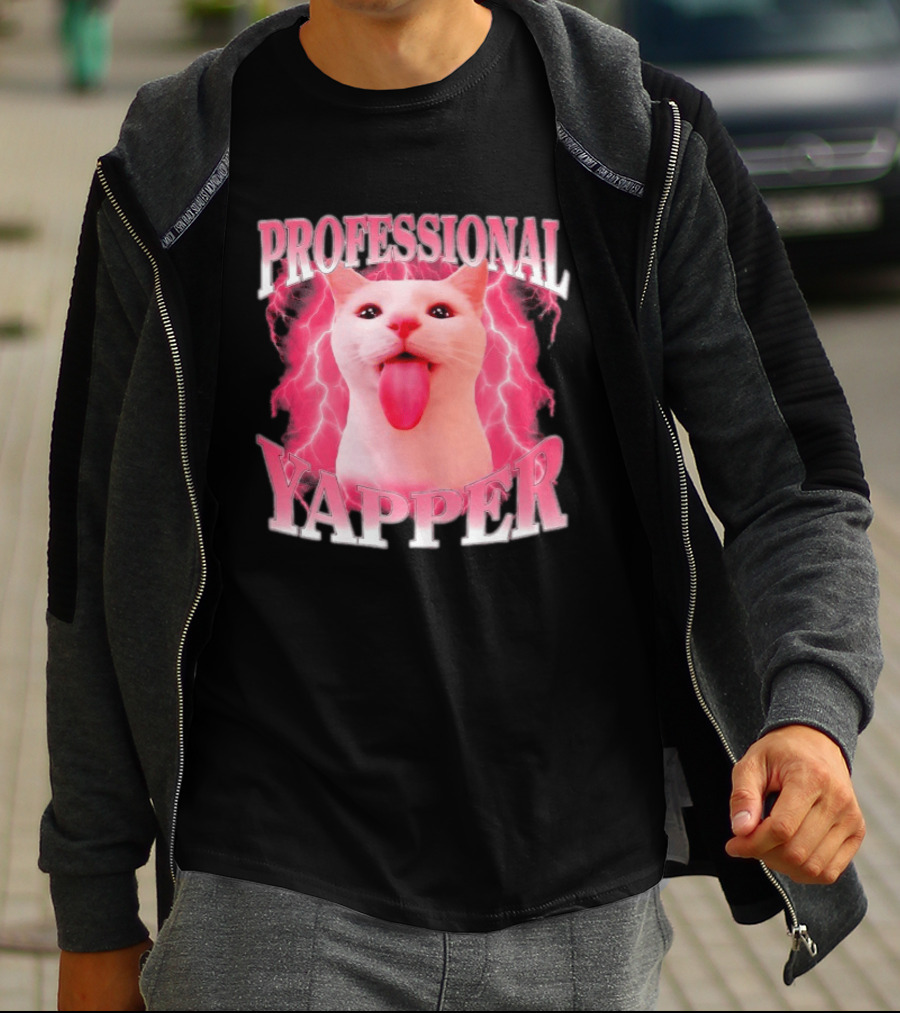 Professional Yapper Cat Pink Lightning Tongue Out T-Shirt