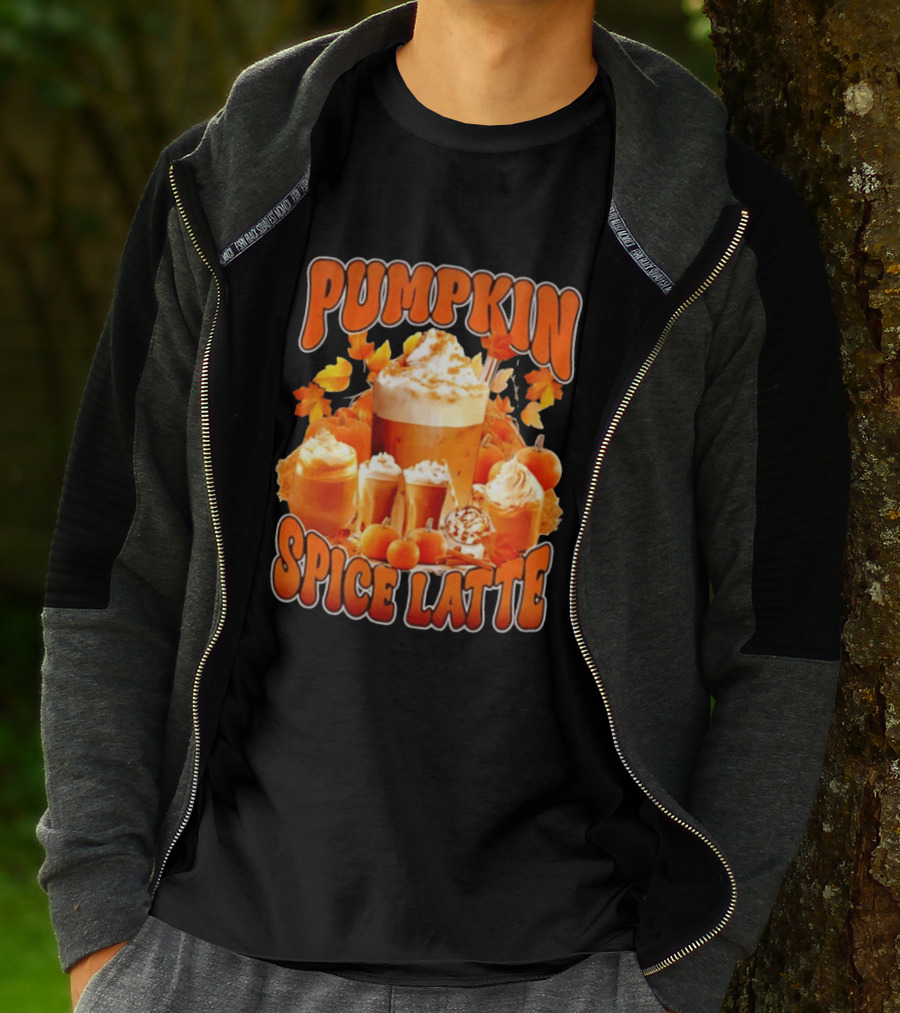 Pumpkin Spice Latte Fall Autumn Halloween Beverage With Whipped Cream And Leaves T-Shirt