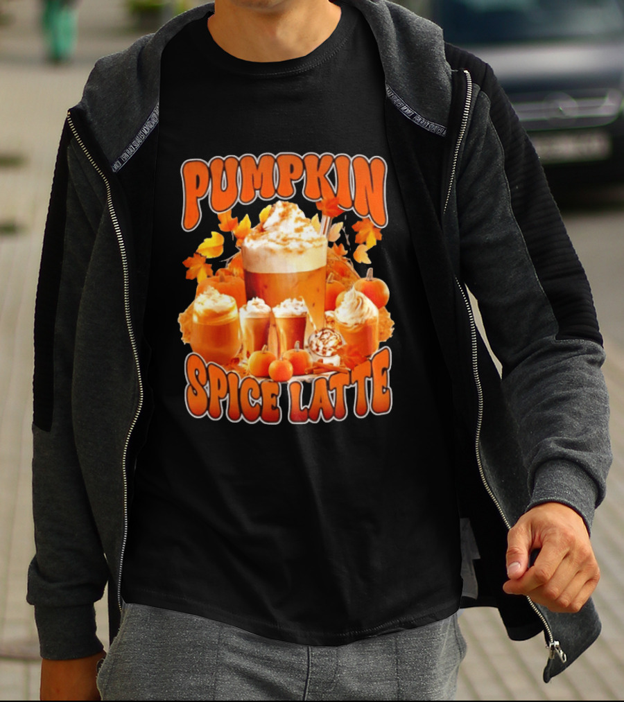 Pumpkin Spice Latte Fall Autumn Halloween Beverage With Whipped Cream And Leaves T-Shirt