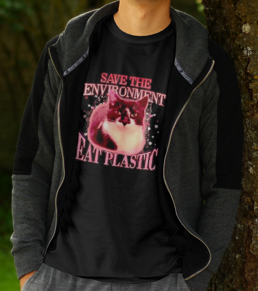 Save The Environment Eat Plastic Cat Humor T-Shirt