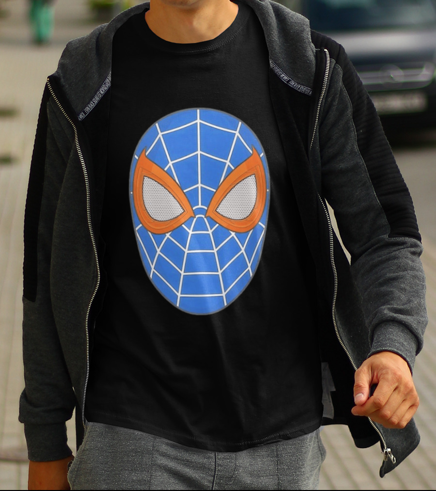 Spidey Spider Man Blue Mask With Orange Eyes And Web T-Shirt