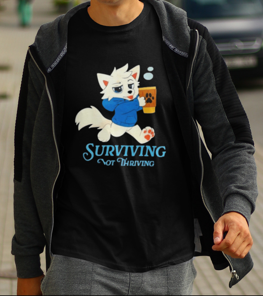 Surviving Not Thriving Cute Fox Coffee Paw Print T-Shirt
