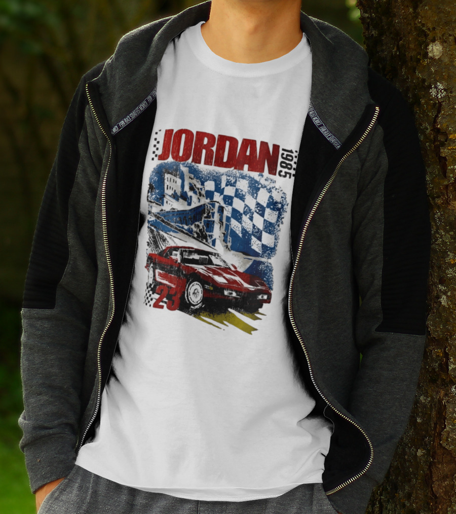 Jordan 23 Racing Brooklyn 1985 Checkered Red Sports Car Blue Flag T-Shirt