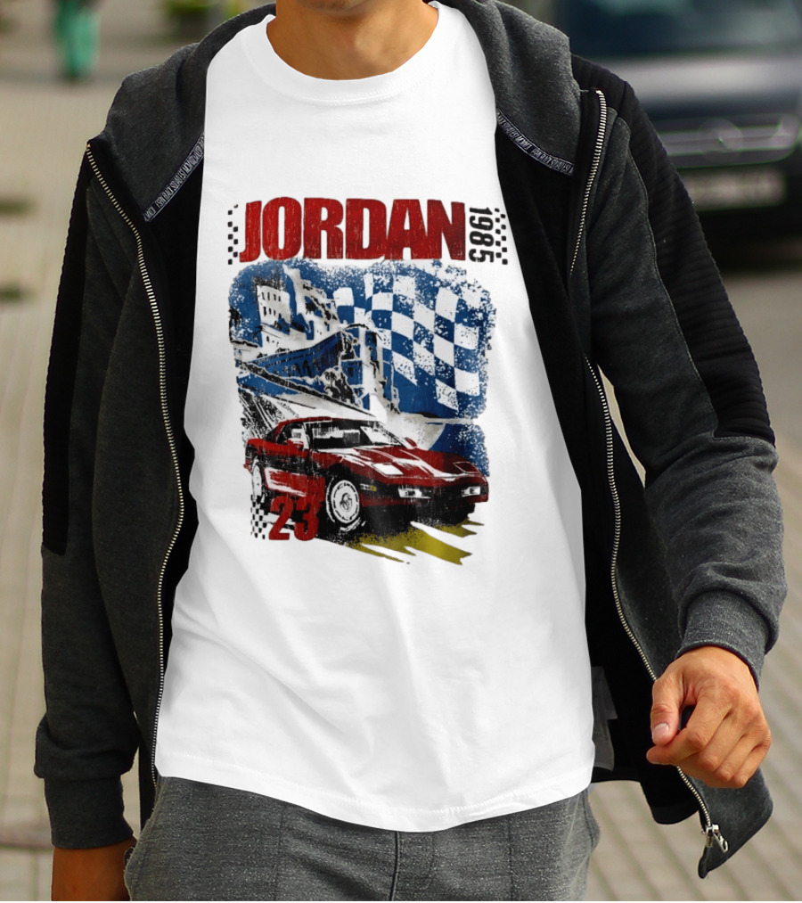 Jordan 23 Racing Brooklyn 1985 Checkered Red Sports Car Blue Flag T-Shirt