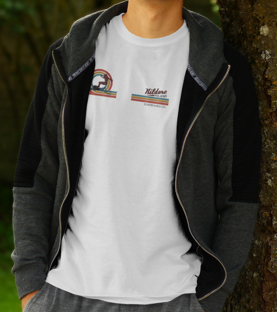 Kildare Island Surfboard Co Surfer With Rainbow Silhouette And Stripes T-Shirt