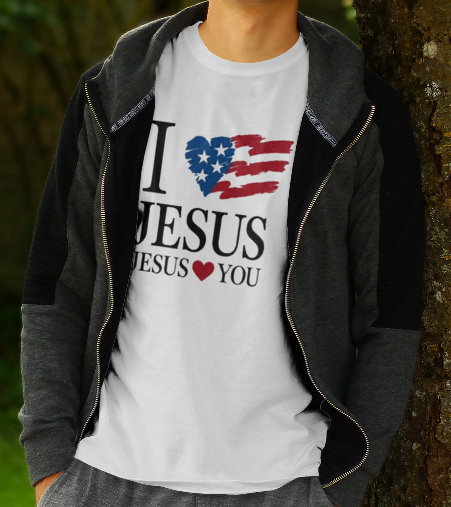 I Love Jesus Jesus Heart You American Flag Stars Stripes T-Shirt