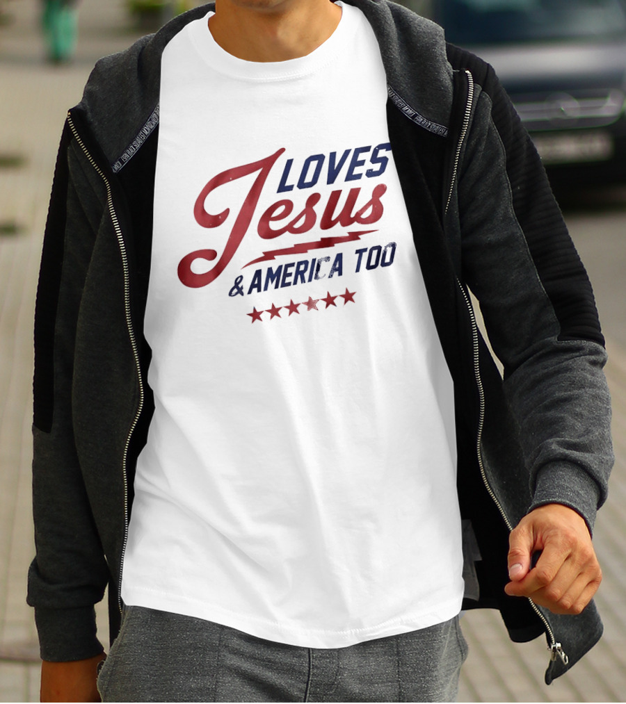 Loves Jesus And America Too Patriotic Stars And Script T-Shirt