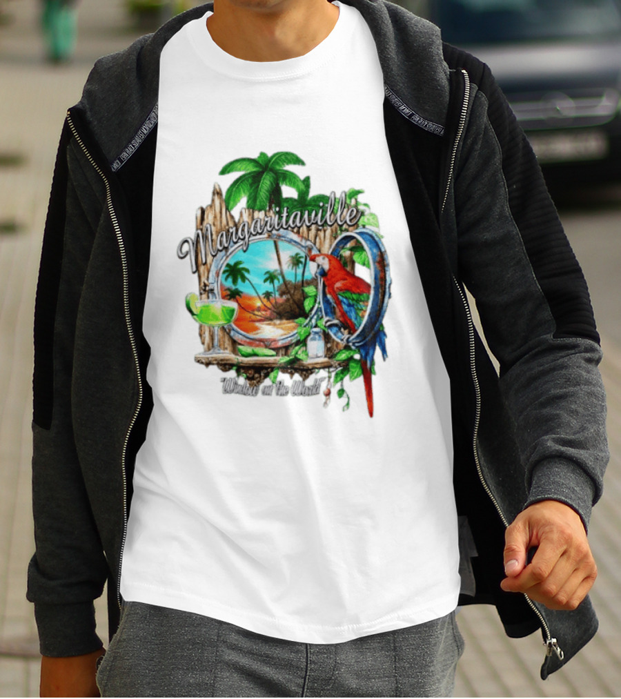 Margaritaville Tropical Parrot Beach Scene Window On The World T-Shirt