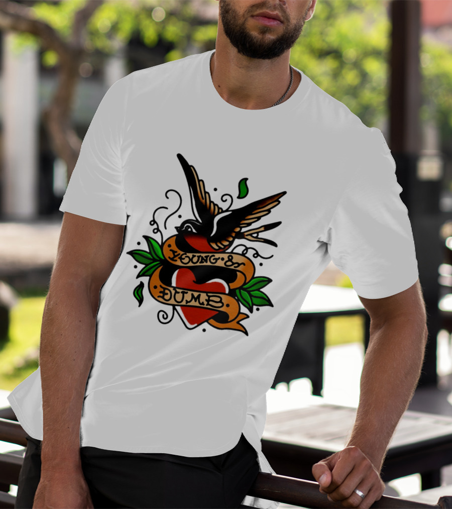 Young And Dumb Swallow Heart Tattoo Vintage Style With Banner And Leaves T-Shirt
