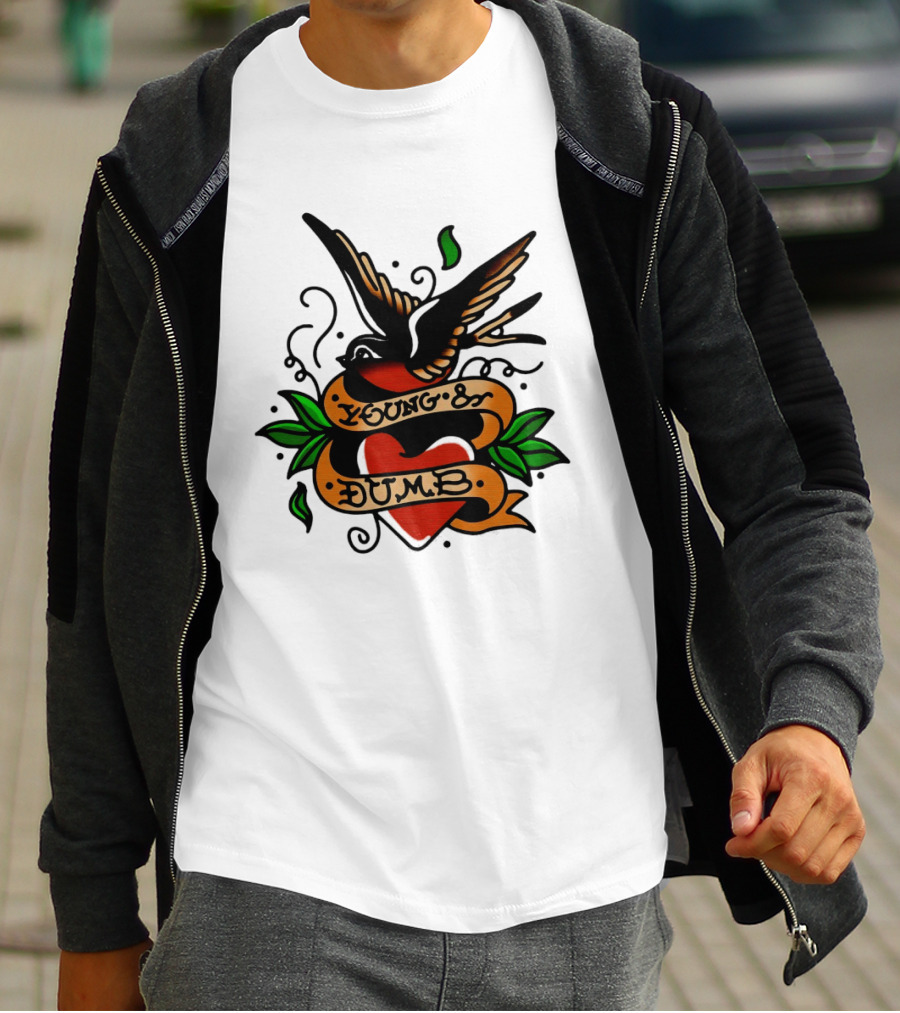 Young And Dumb Swallow Heart Tattoo Vintage Style With Banner And Leaves T-Shirt
