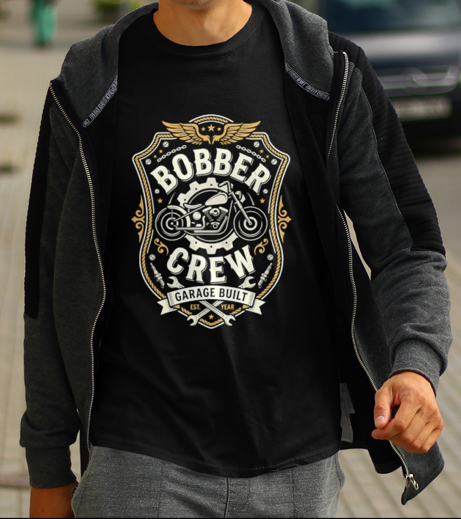 Bobber Crew Garage Built Motorcycle Biker Shield T-Shirt