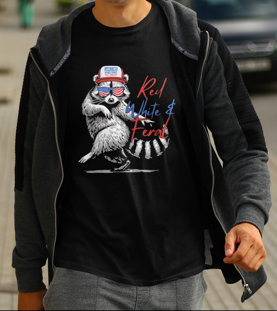 Red White Feral Raccoon Land Of The Free Home Brave 1776 Patriotic USA T-Shirt