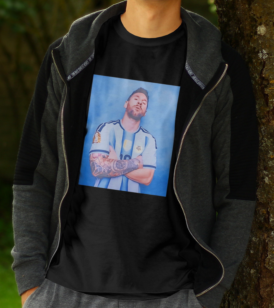 Lionel Messi With Argentina National Team Badge In Blue And White Stripes T-Shirt