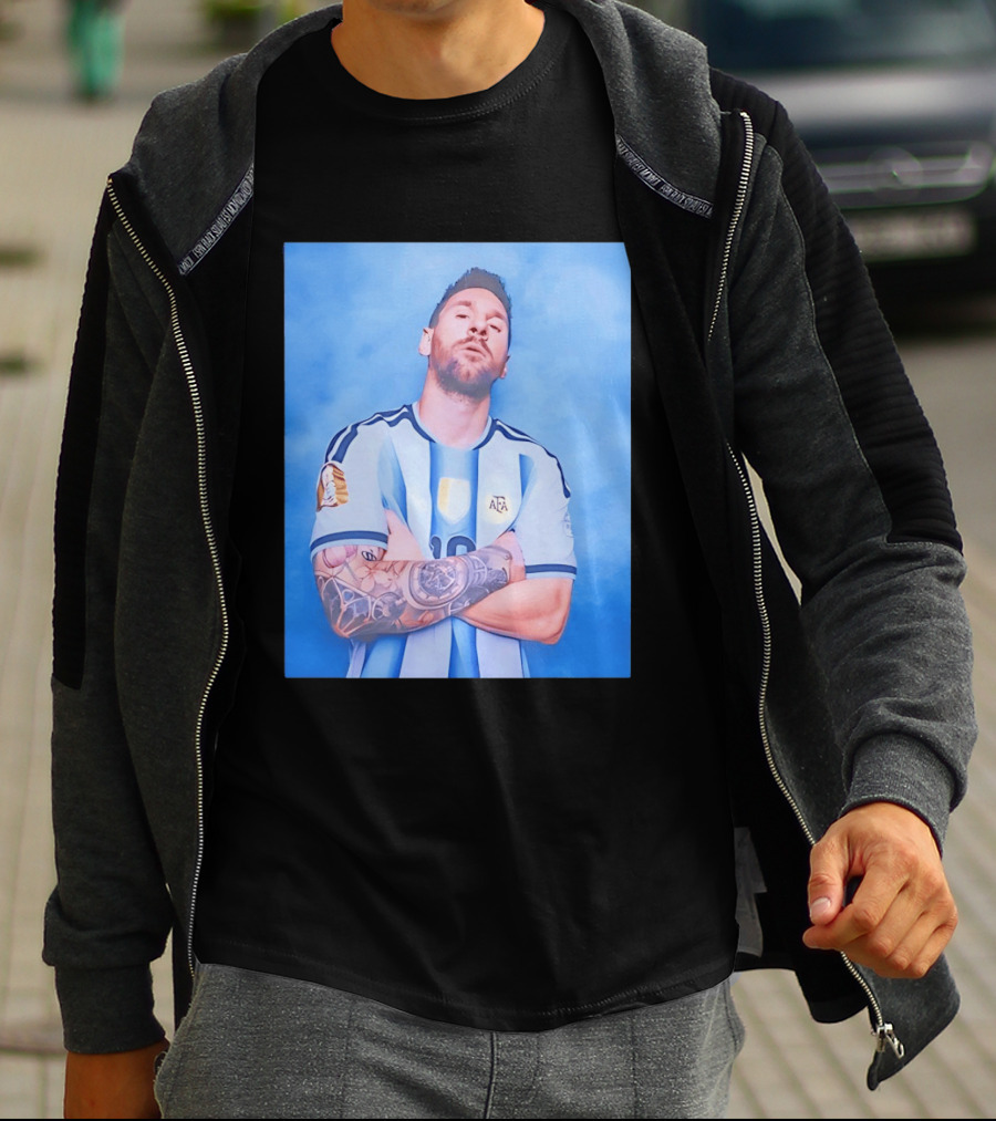 Lionel Messi With Argentina National Team Badge In Blue And White Stripes T-Shirt