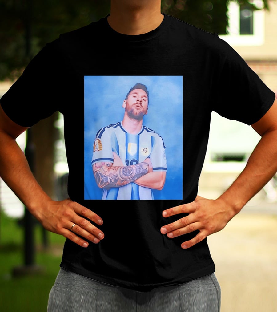 Lionel Messi With Argentina National Team Badge In Blue And White Stripes T-Shirt