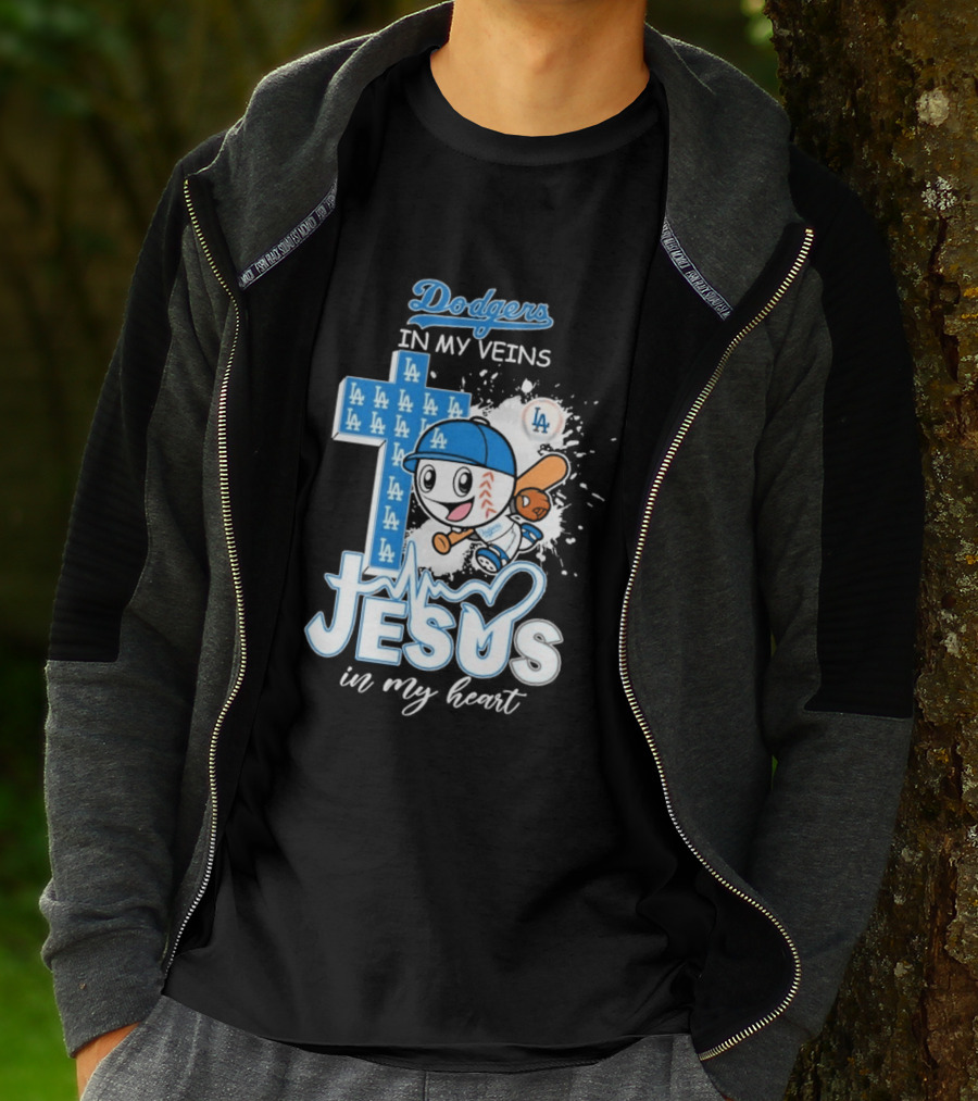 Los Angeles Dodgers In My Veins Jesus In My Heart LA Baseball Cross T-Shirt