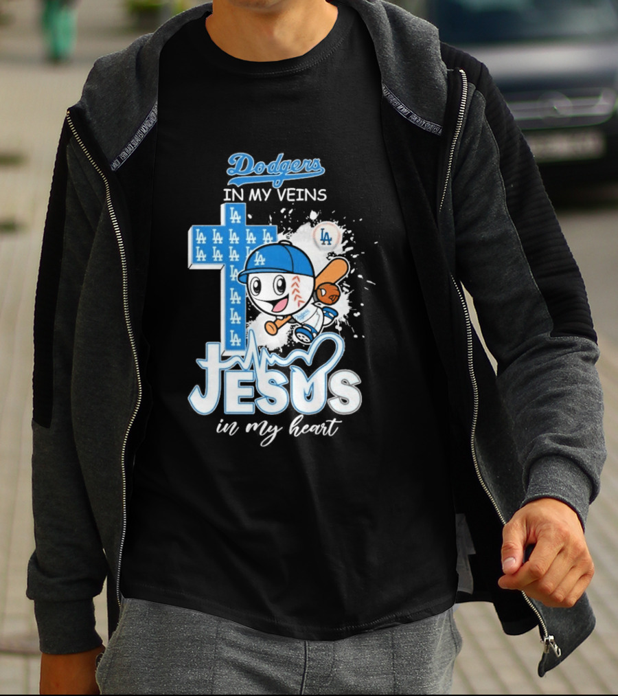 Los Angeles Dodgers In My Veins Jesus In My Heart LA Baseball Cross T-Shirt