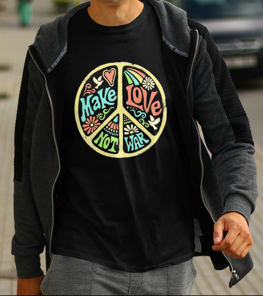 Make Love Not War Peace Sign Floral Rainbow Dove T-Shirt