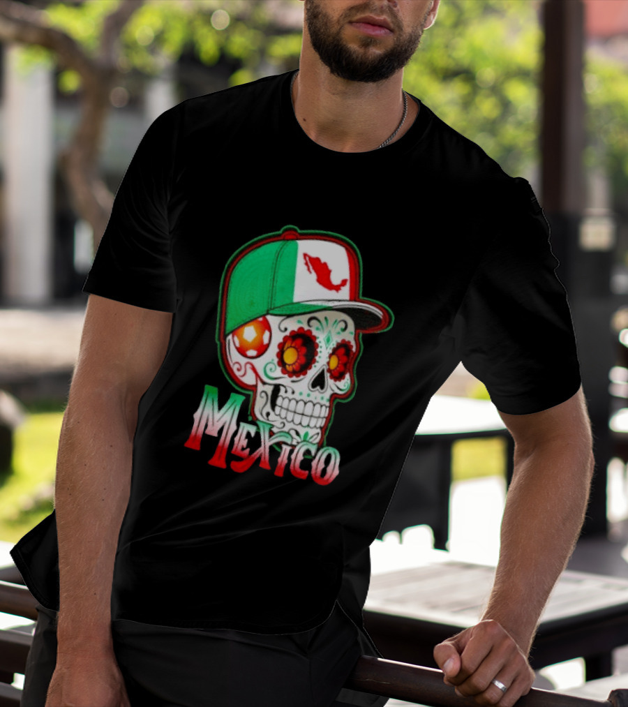 Mexico Sugar Skull Hat Map T-Shirt
