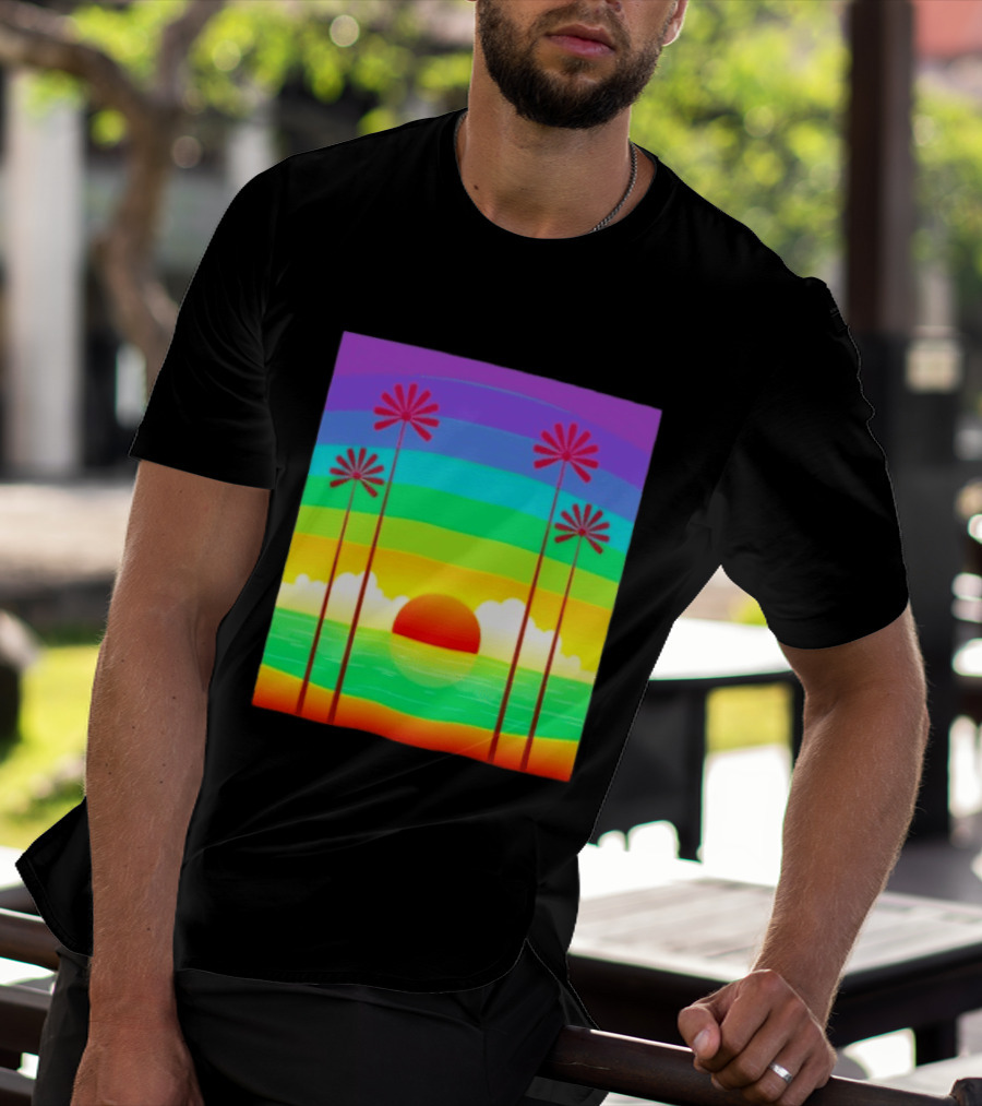 Sunset With Palm Trees And Rainbow Summer Scene T-Shirt