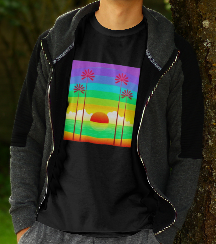 Sunset With Palm Trees And Rainbow Summer Scene T-Shirt