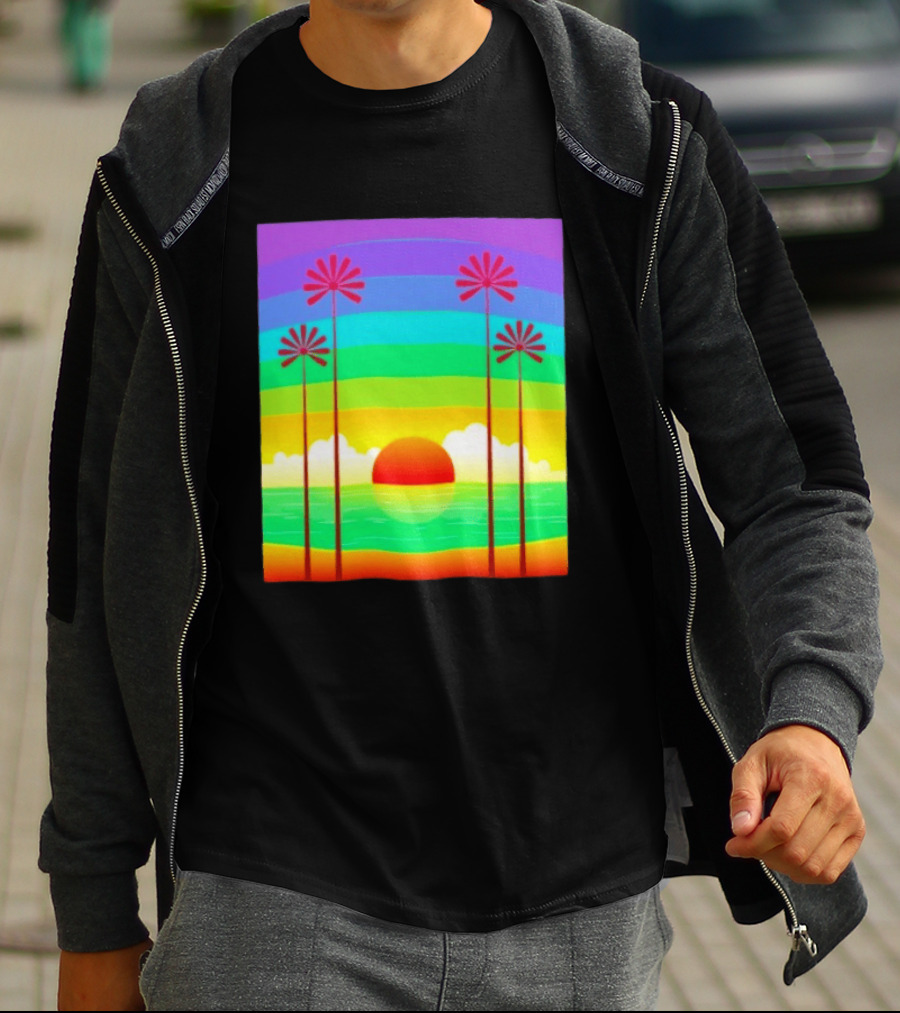 Sunset With Palm Trees And Rainbow Summer Scene T-Shirt