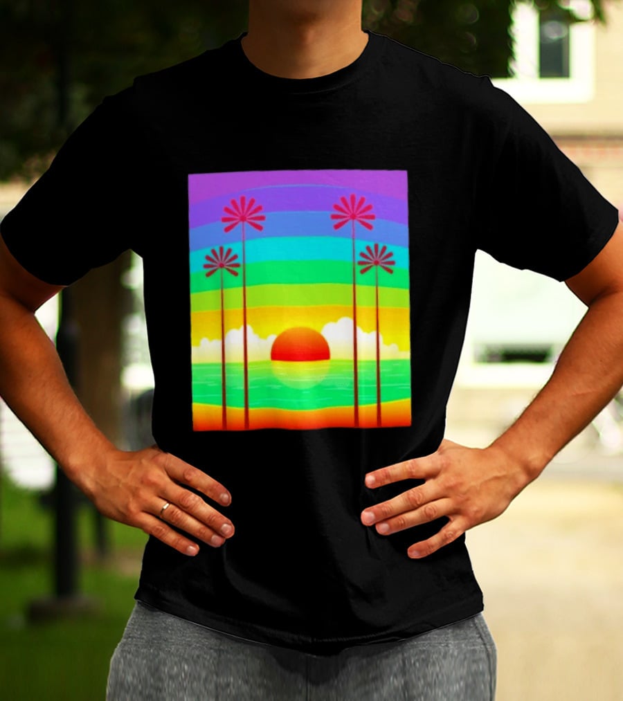 Sunset With Palm Trees And Rainbow Summer Scene T-Shirt