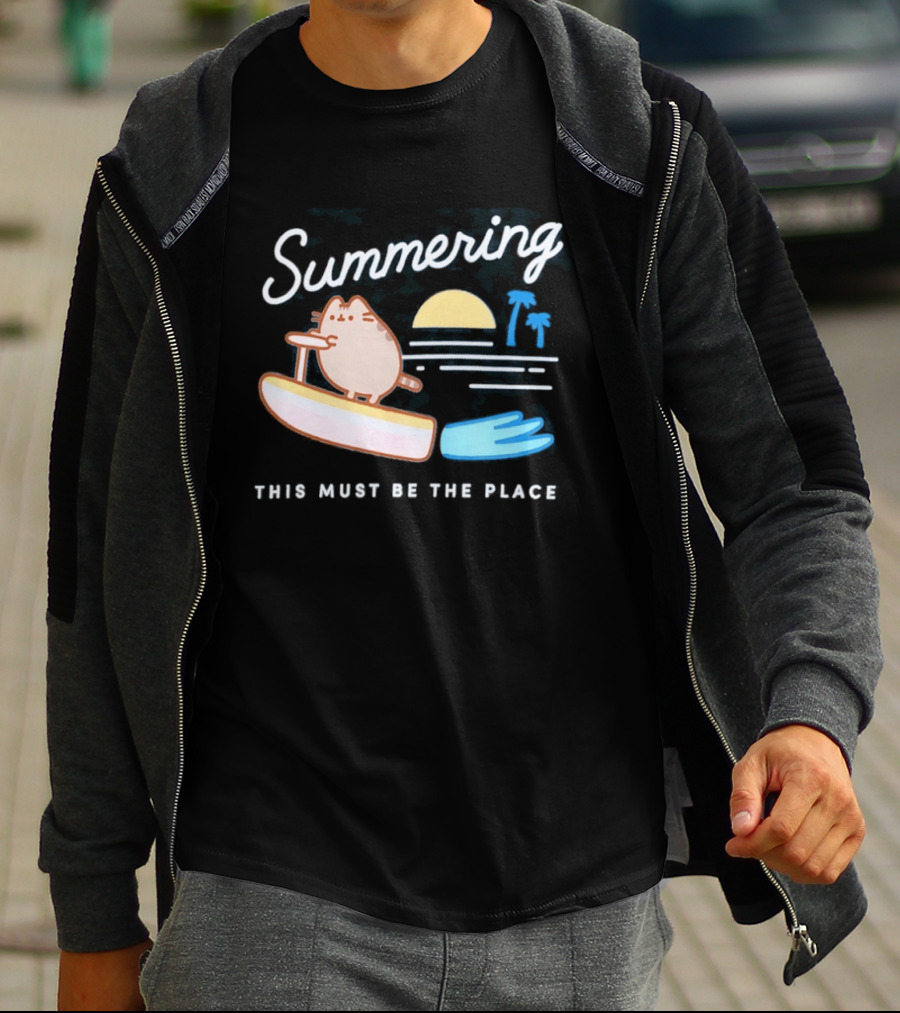 Summering This Must Be The Place Pusheen Surfing Cat Scene T-Shirt