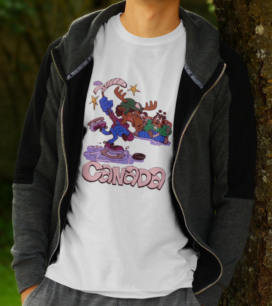 Slushy Noobz Canada Hockey Moose Cartoon Ice Rink Scene T-Shirt