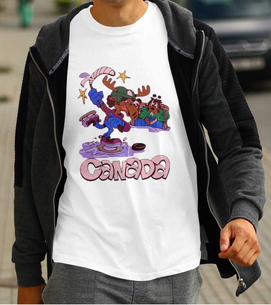 Slushy Noobz Canada Hockey Moose Cartoon Ice Rink Scene T-Shirt