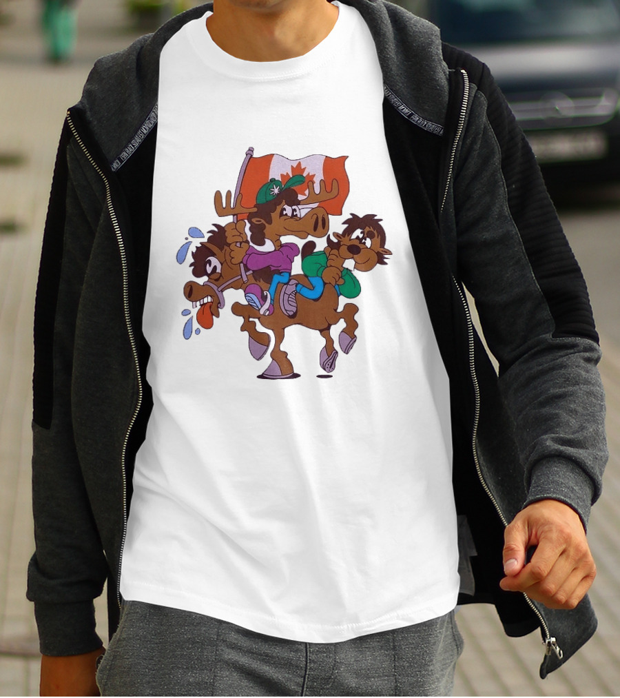 Slushy Noobz Horse Riders Cartoon Moose With Canada Flag T-Shirt
