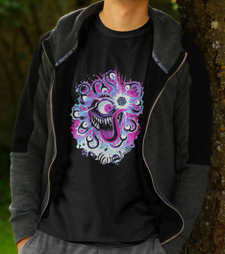 Beholder Dungeons And Dragons Eye Tyrant Illustration With D20 Dice And Psychedelic T-Shirt