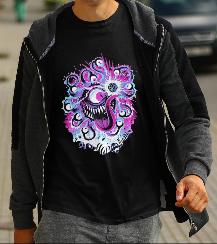 Beholder Dungeons And Dragons Eye Tyrant Illustration With D20 Dice And Psychedelic T-Shirt
