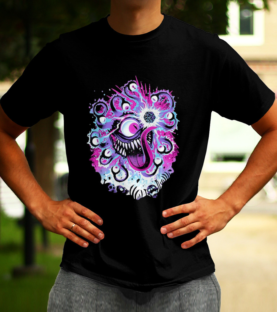 Beholder Dungeons And Dragons Eye Tyrant Illustration With D20 Dice And Psychedelic T-Shirt